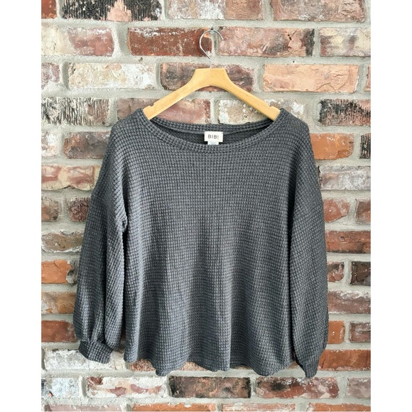 Bibi Gray Waffle Knit Balloon Sleeve Long Sleeve Top - Picture 1 of 5